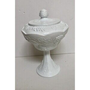 PEDESTAL CANDY DISH MIL GLASS BOWL COVERED GRAPE PATTERN 10"